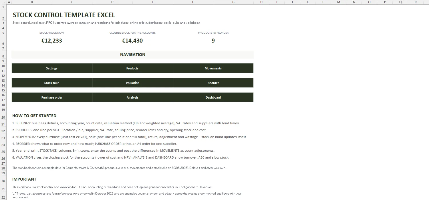 Stock Control Template Excel – START