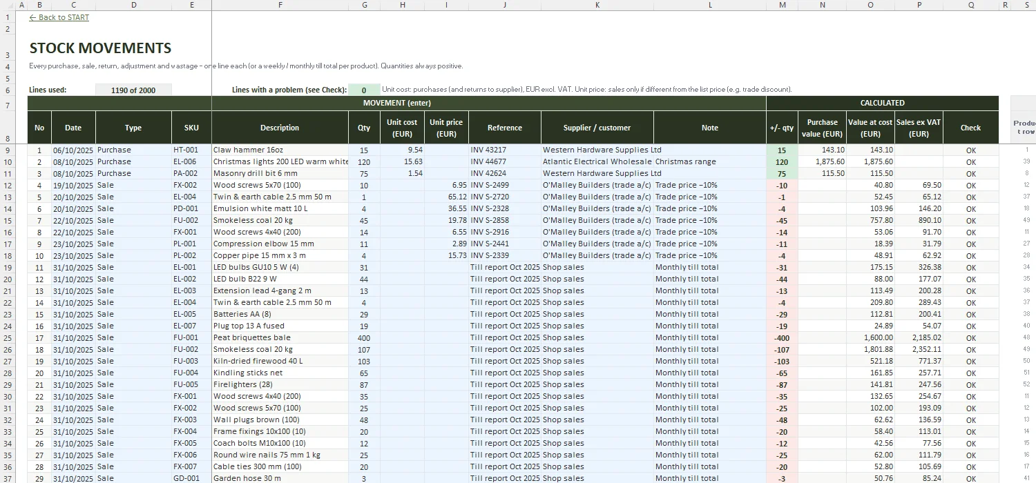 Stock Control Template Excel – MOVEMENTS