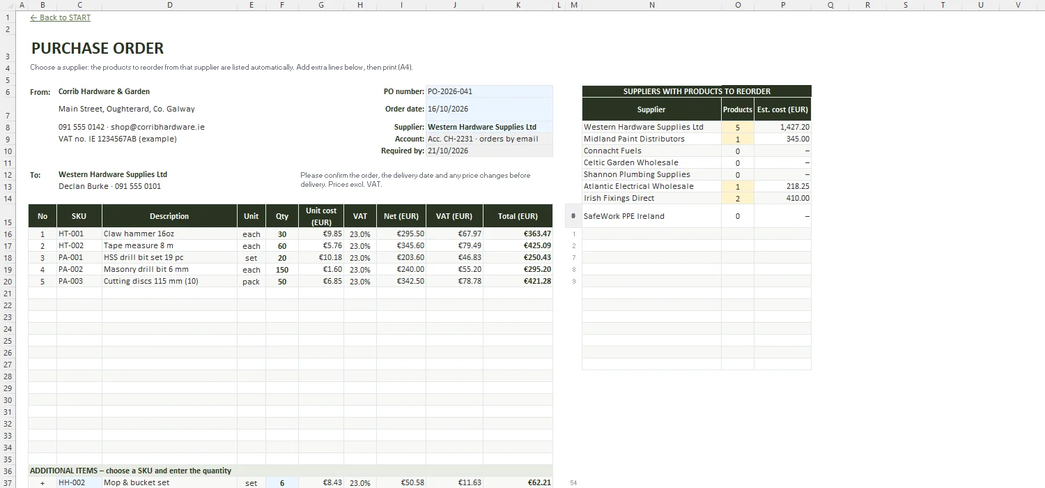 Stock Control Template Excel – PURCHASE ORDER