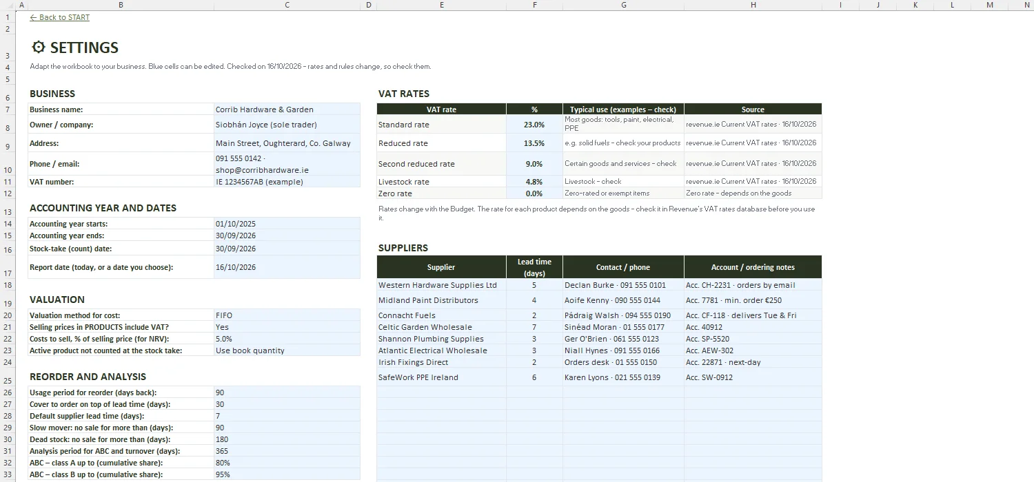 Stock Control Template Excel – SETTINGS