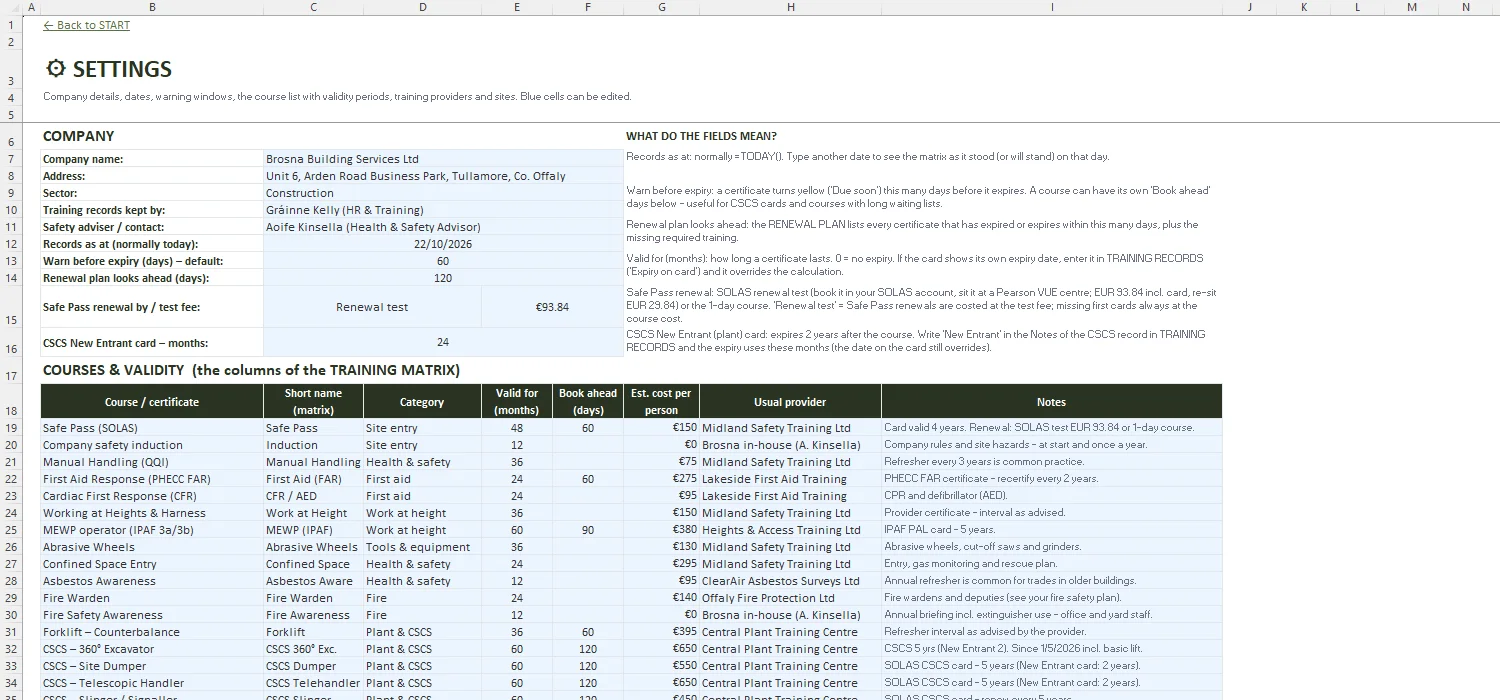 Training Matrix Template Excel – SETTINGS