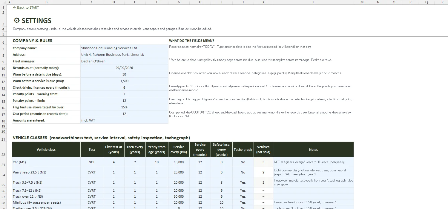 Vehicle Maintenance Log Excel – SETTINGS
